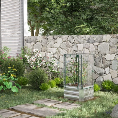 Outsunny verhoogd bed, 3-delige set plantenbak, serre met plastic hoes, hekwerk, bloembak voor klimplanten, voor tuin, terras en balkon, 53 x 53 x 90 cm
