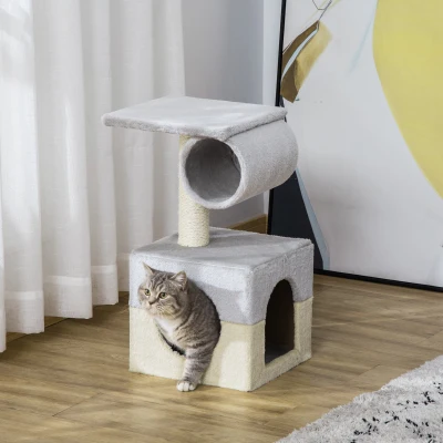 PawHut Árvore Arranhador para Gatos com Poste de Sisal Caverna de Pelúcia Suave Plataforma e Cilindro 31x31x58 cm Cinza e Bege