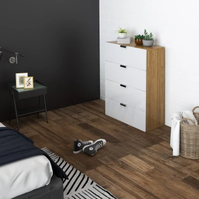 HOMCOM Cómoda com 4 Gavetas de Alto Brilho Cómoda de Madeira de Estilo Moderno 70x35x92 cm Branco e Madeira