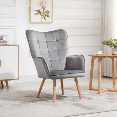 HOMCOM Modern Wingback Armchair, Velvet Accent Chair, Tufted Living Room Chair with Wood Legs, Grey