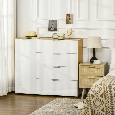 HOMCOM Aparador de Sala de Estar com 4 Gavetas de Alto Brilho Porta e Prateleiras Ajustáveis 105x35x92 cm Branco e Madeira