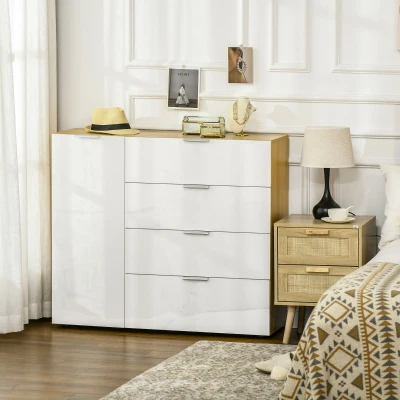 HOMCOM Aparador de Sala de Estar com 4 Gavetas de Alto Brilho Porta e Prateleiras Ajustáveis 105x35x92 cm Branco e Madeira