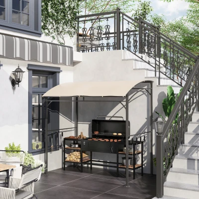 Outsunny Grillpavillon, Grillüberdachung, Regenschutz, Haken für Utensilien, Stahlrahmen, Beige+Schwarz, 215 x 150 x 182/220 cm