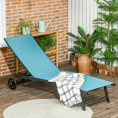Outsunny Ligstoel, tuinligstoel met wielen, verstelbare rugleuning voor balkon aluminium
