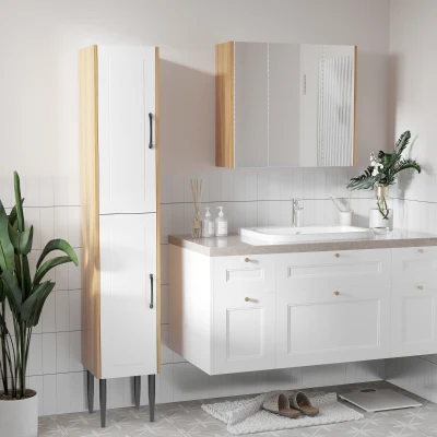 kleankin Meuble Miroir et Colonne Salle de Bain Chêne Clair Blanc