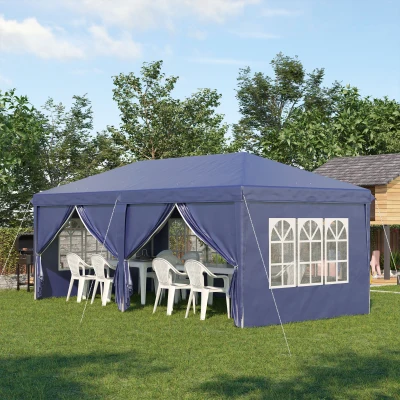 Outsunny Vouwtent van 6 x 3 m, verwijderbare zijwanden, grote ramen, deuren met ritssluiting, stalen frame, blauw
