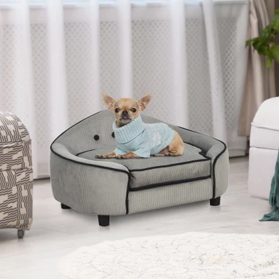 PawHut Cat Sofa, Removable Cushion Lounge Grey 66.5 x 45 x 35.5 cm Modern Corduroy Small Wood Frame
