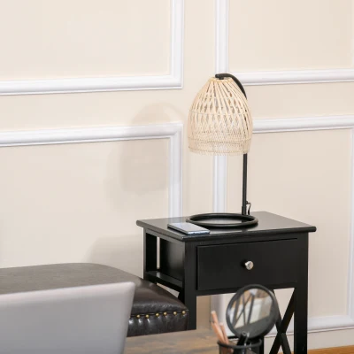 HOMCOM Candeeiro de Mesa com Suporte para Lâmpada E27 Máx. 40W Candeeiro Decorativo com Ecrã de Vime Ø20x41 cm Bege e Preto