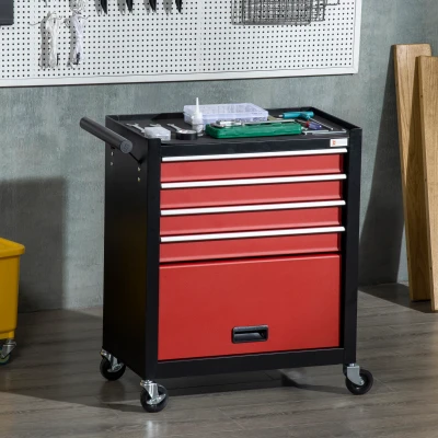DURHAND Carro de Ferramentas Móvel com Rodas 4 Gavetas Compartimento de Armazenamento e Alça Lateral 69x33x75cm Preto e Vermelho