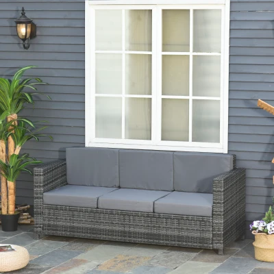 Outsunny Poly-rotan bank met kussens 3-zits loungebank tuin metaal polyester grijs