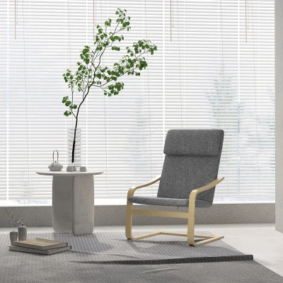 HOMCOM Fauteuil in linnenlook met hoofdsteun en armleuningen, houten frame, grijs+naturel