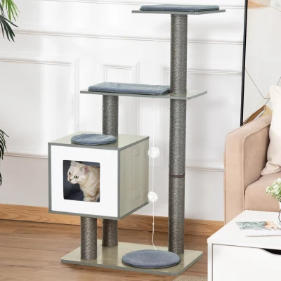 PawHut Árvore Arranhadora para Gatos de Madeira com Caverna Plataformas Postes e Arranhadores de Sisal 71,5x49,5x120cm Cinza