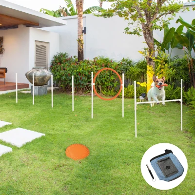 PawHut 5-delige behendigheidsset, inclusief springhorde, springring, frisbee, in hoogte verstelbaar, met draagtas