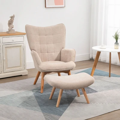 HOMCOM Akzentsessel mit Hocker, Relaxsessel in Cord-Optik, Armlehnstuhl mit Holzbeinen, für Wohnzimmer, Beige