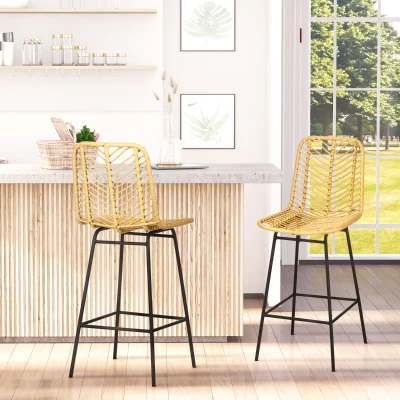 HOMCOM Set van 2 barkrukken in boho-design, PE-rotan, inclusief voetsteun, 42,5 cm x 52 cm x 102 cm, geel+zwart