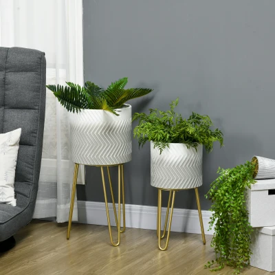 Outsunny Lot de 2 supports cache-pots ronds pour plantes en métal avec pieds épingles hauteurs 67 et 52 cm gris