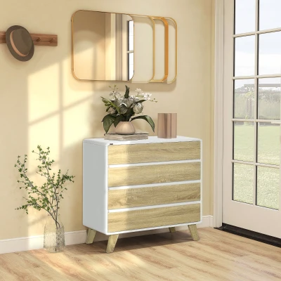 HOMCOM Cómoda com 4 Gavetas de Madeira com Pés Elevados para Sala de Estar Dormitório Escritório 80x40x79,5cm Carvalho e Branco