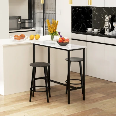 HOMCOM Barset voor 2 personen, 1 tafel met 2 barkrukken, wit marmeren blad, stalen frame