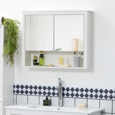 HOMCOM Armario de Pared con Espejo Armario Colgante con 2 Puertas de Vidrio y Estante de Almacenaje 80x20x65 cm Blanco