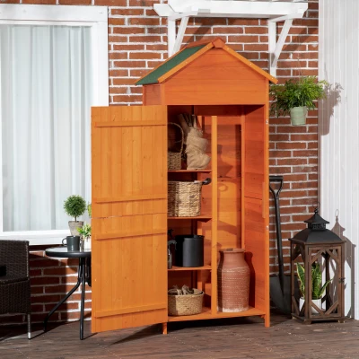 Outsunny Geräteschrank, 3 Regalböden, hohes Staufach für Schaufeln etc., Asphaltdach, Kiefernholz, 84 x 52 x 188cm