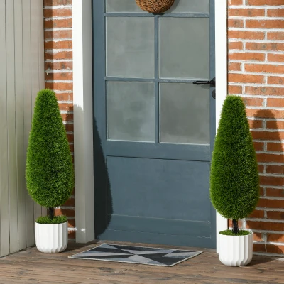 HOMCOM Set van 2 kunstplanten inclusief plantenbak en kunstmos; kunstcipres, wit en groen