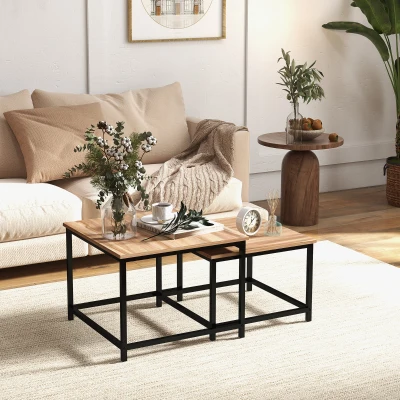 HOMCOM Set van 2 bijzettafels, industrieel design, zwart stalen frame, tafelblad met houteffect