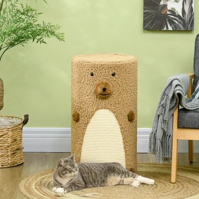 PawHut Krabpaal in beerdesign, 2 kattenholen, 1 kraboppervlak, wit en bruin