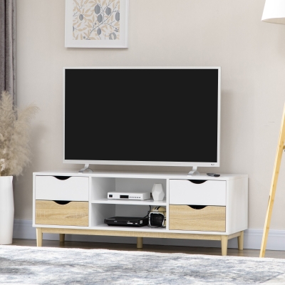 HOMCOM Móvel de TV para Televisores de até 55" com Prateleiras de Armazenamento e 4 Gavetas 120x40x44,5cm Branco e Carvalho