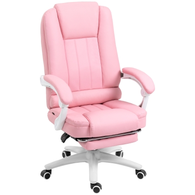 Vinsetto Office Chair with Footrest, Adjustable Backrest, Height Adjustable, 5 Casters, Pink + White