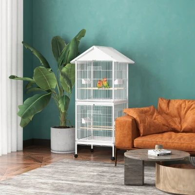 PawHut Gaiola para Pássaros 2 em 1 com 2 Andares Rodas 4 Comedouros 4 Poleiros e Bandejas Amovíveis  78x75x168 cm Branco