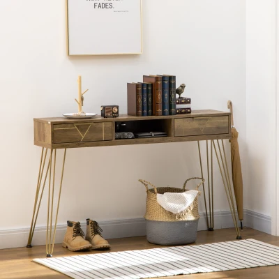 HOMCOM Consola Móvel de Entrada com 2 Gavetas Prateleira Aberta e Pés de Aço Estilo Moderno 120x29x79cm Madeira e Bronze