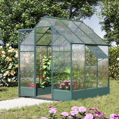 Outsunny 6 x 6ft Polycarbonate Greenhouse, with Foundation and Window, Outdoor Plant Garden, Temperature Controlled