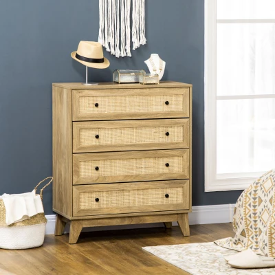 HOMCOM Cómoda com 4 Gavetas Cómoda de Madeira com Gavetas de Vime e Pés Elevados 80x35x95cm Madeira