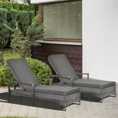 Outsunny Rattan Sun Loungers Set of 2 with Cushions Grey