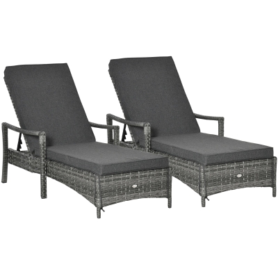 Outsunny Rattan Sun Loungers Set of 2 with Cushions Grey