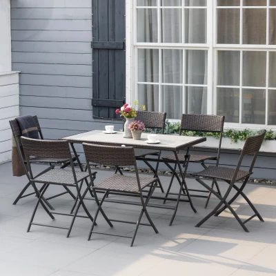 Outsunny Conjunto de Refeição de Vime Conjunto de Refeição 7 Peças com Mesa e 6 Cadeiras Dobráveis para Jardim Exterior Pátio Varanda Marrom