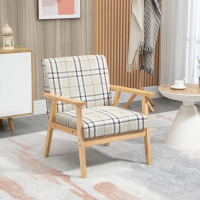 HOMCOM Modern One Seater Sofa for Living Room, Linen Fabric Small Couch with Rubber Wood Frame, Armrests, Lattice Pattern, Upholstered Armchair, Beige