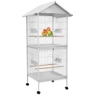PawHut Gaiola para Pássaros 2 em 1 com 2 Andares Rodas 4 Comedouros 4 Poleiros e Bandejas Amovíveis  78x75x168 cm Branco