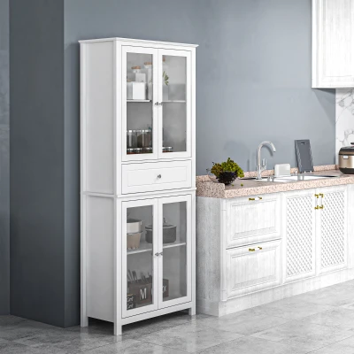 HOMCOM Alacena de Cocina Mueble Vitrina con 4 Puertas de Vidrio Templado Cajón y Estantes Ajustables 74x35,5x181,5 cm Blanco(m-2)