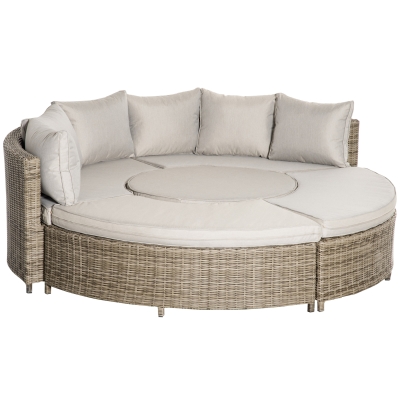 Outsunny 5 PCs Outdoor Rattan Lounge Chair Round Daybed Table Conversation Set w/ Cushion