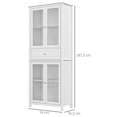 HOMCOM Alacena de Cocina Mueble Vitrina con 4 Puertas de Vidrio Templado Cajón y Estantes Ajustables 74x35,5x181,5 cm Blanco(m-3)