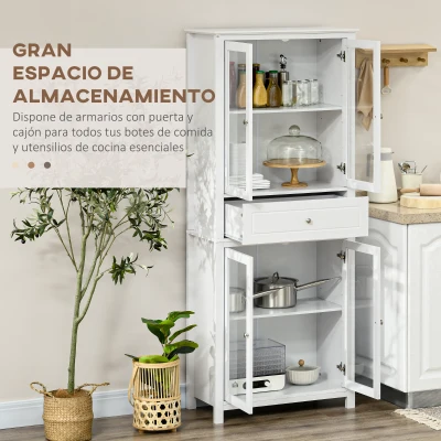 HOMCOM Alacena de Cocina Mueble Vitrina con 4 Puertas de Vidrio Templado Cajón y Estantes Ajustables 74x35,5x181,5 cm Blanco(m-4)