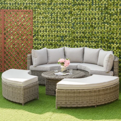 Outsunny 5 PCs Outdoor Rattan Lounge Chair Round Daybed Table Conversation Set w/ Cushion