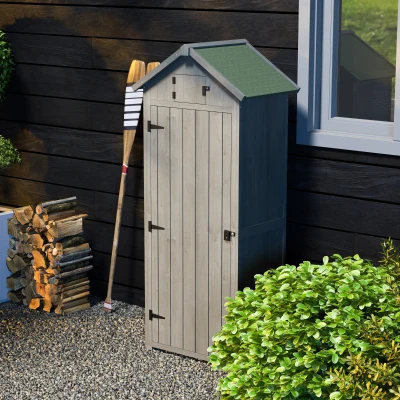 Outsunny Gartenschrank Holz, Geräteschuppen wetterfest 77x54,2x179cm, Gerätehaus mit Tür, Satteldach, Geräteschrank mit Böden, Werkzeugschrank Gartenschuppen für Garten, Terrasse, Grau+Grün