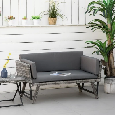 Outsunny Polyrattan Gartensofa 2 Sitzer Gartenmöbel Loungesofa Gartenbank Gartenliege klappbar Armlehnen Stahl Grau 129 x 63 x 67 cm