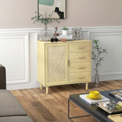 HOMCOM Aparador Sala de Estar Estilo Cannage com Porta de Vime 4 Gavetas e Pés de Madeira de Pinho 80x38x80,5 cm Madeira