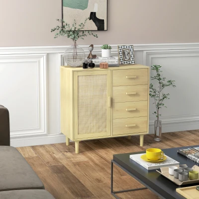 HOMCOM Aparador Sala de Estar Estilo Cannage com Porta de Vime 4 Gavetas e Pés de Madeira de Pinho 80x38x80,5 cm Madeira
