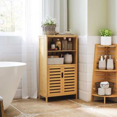 kleankin Bamboo Bathroom Cabinet with Louvered Doors, 2 Shelves, 1 Cabinet, 50 cm x 29 cm x 92 cm, Natural