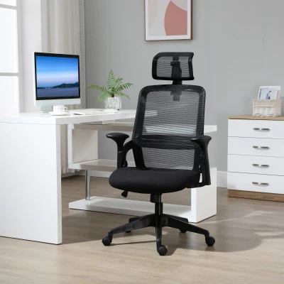 Vinsetto Cadeira de Escritório Ergonômica Cadeira de Escritório Giratória com Altura Ajustável Apoio para a Cabeça Suporte Lombar Reguláveis e Encosto Transpirável 63,5x64,5x113-122cm Preto