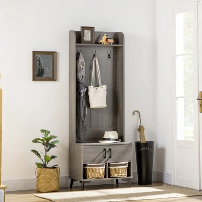 HOMCOM Móvel Cabide de Entrada com Sapateiro 3 Ganchos 2 Portas 2 Compartimentos e Prateleira de Armazenamento 60x34x170 cm Cinza